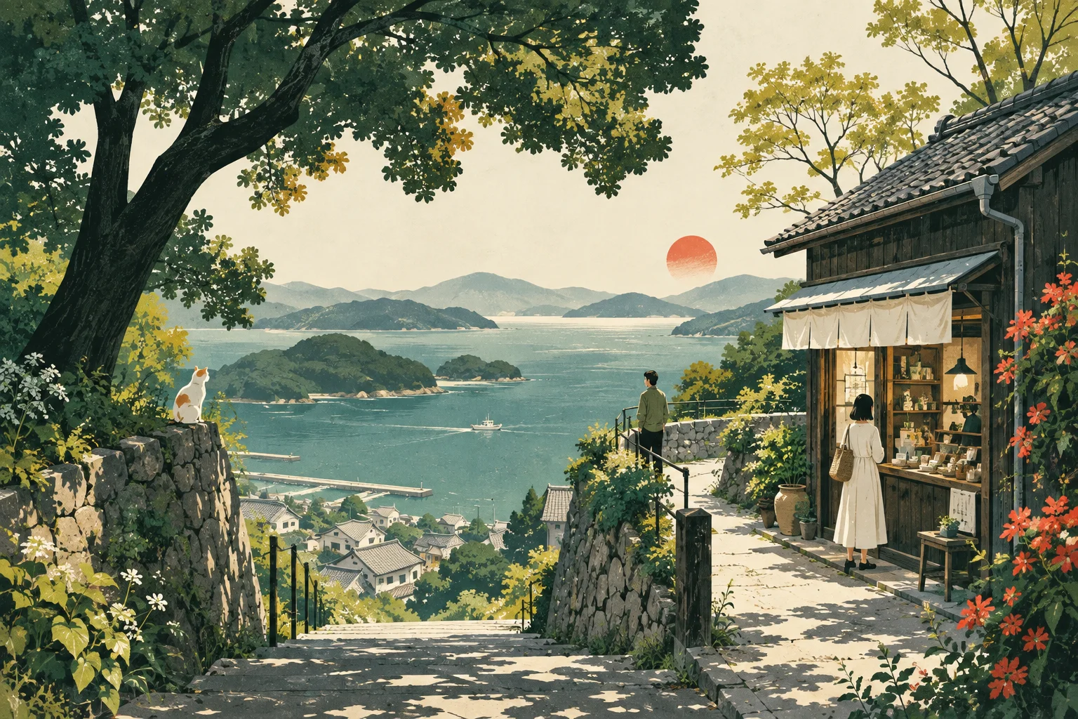 海辺の小さな店と街並みを描いたAI生成イラスト